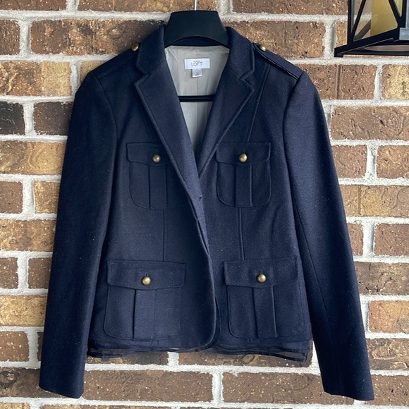 LOFT Navy Blue Mesh Trim Jacket Blazer Wool Blend - Picture 1 of 16